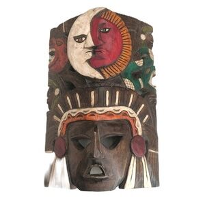 Vintage Carved Wood Tiki Mayan Head Wall Hanging Art Painted Sun Moon Jaguar